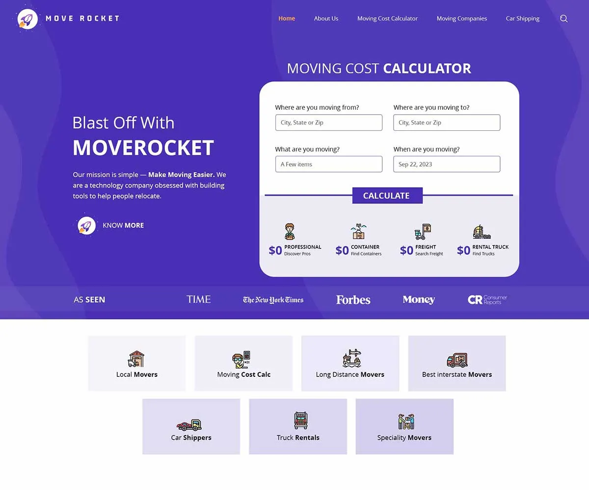 MoveRocket moving cost calculator website design